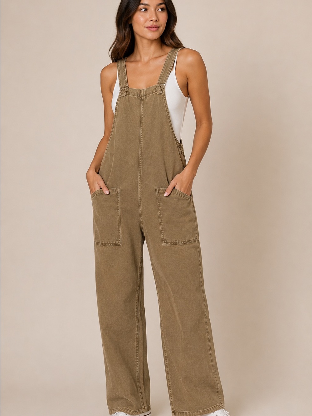 Zenana Outfitters Tan Wide-Leg Denim Overalls NWT - Picture 1 of 12